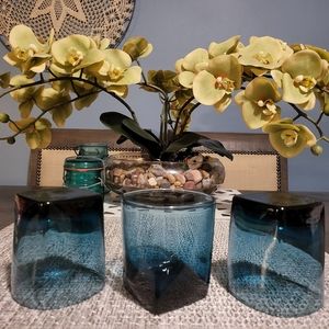 3 Vtg Anchor Hocking Low Ball Rio Coastal Blue 11oz Whiskey Rocks Glasses 3.5"